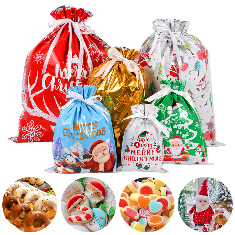 

2024 Big Drawstring Gift Bag Candy Cookie Packaging Bag Noel Merry Home Decoration New Year 2025 Kids Favor