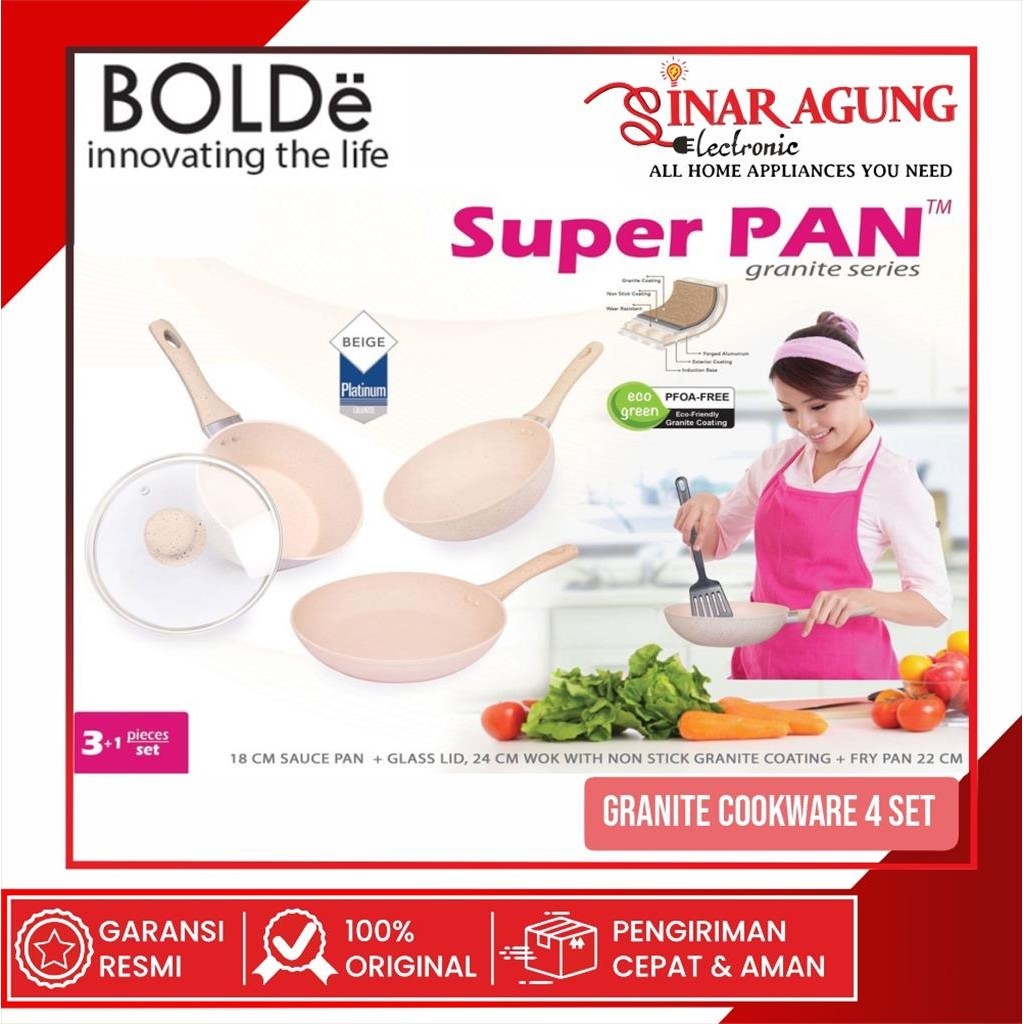 ALAT MASAK / COOKWARE SET BOLDE SUPER PAN GRANITE SERIES BEIGE 3+1 Pcs (SP + TUTUP KACA 18, FP 22, W