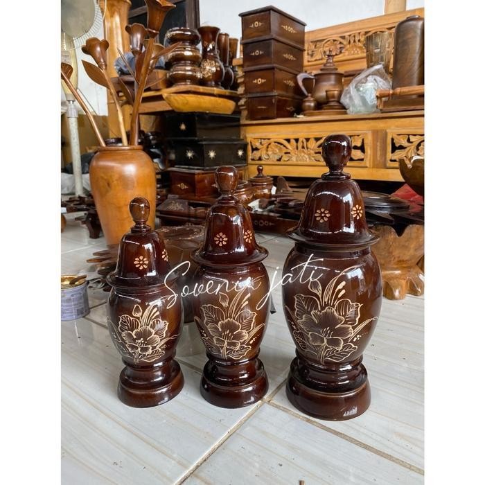 Hiasan meja 1set isi 3pcs motif guci/vas guci kayu jati/dekorasi meja kayu jati LC4354