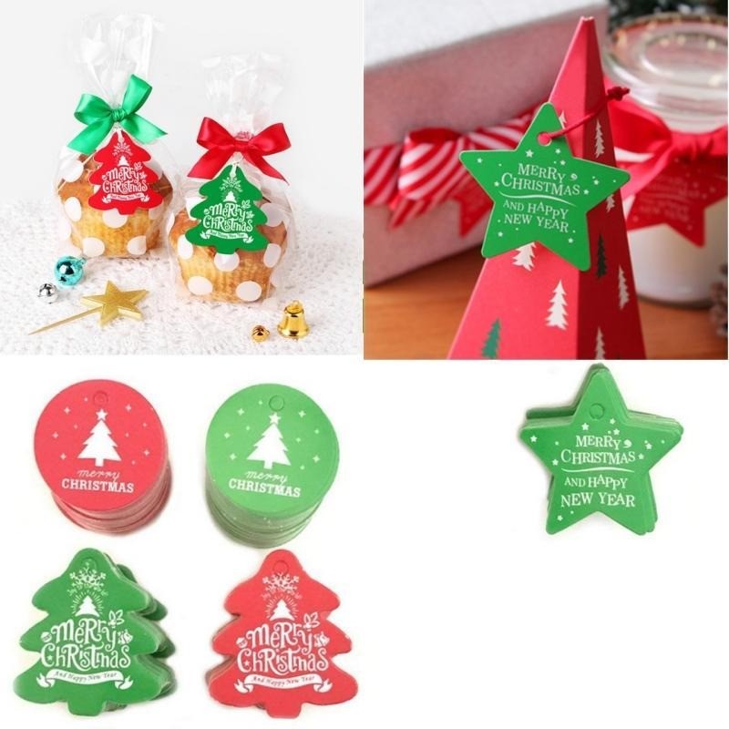 

100pcs Merry Gift Tags Red Green Xmas Tree Round Shape Card Tag Tree Hanging Decor Gift Wrapping Labels