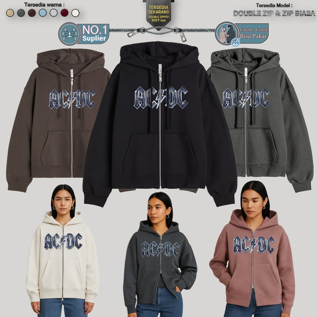 AXULE Zipper Boxy ACDC Oversize Cowo Cewe Bisa Pakai Lengan Balon - Hoodie Zipper Boxy ACDC Chrome Z