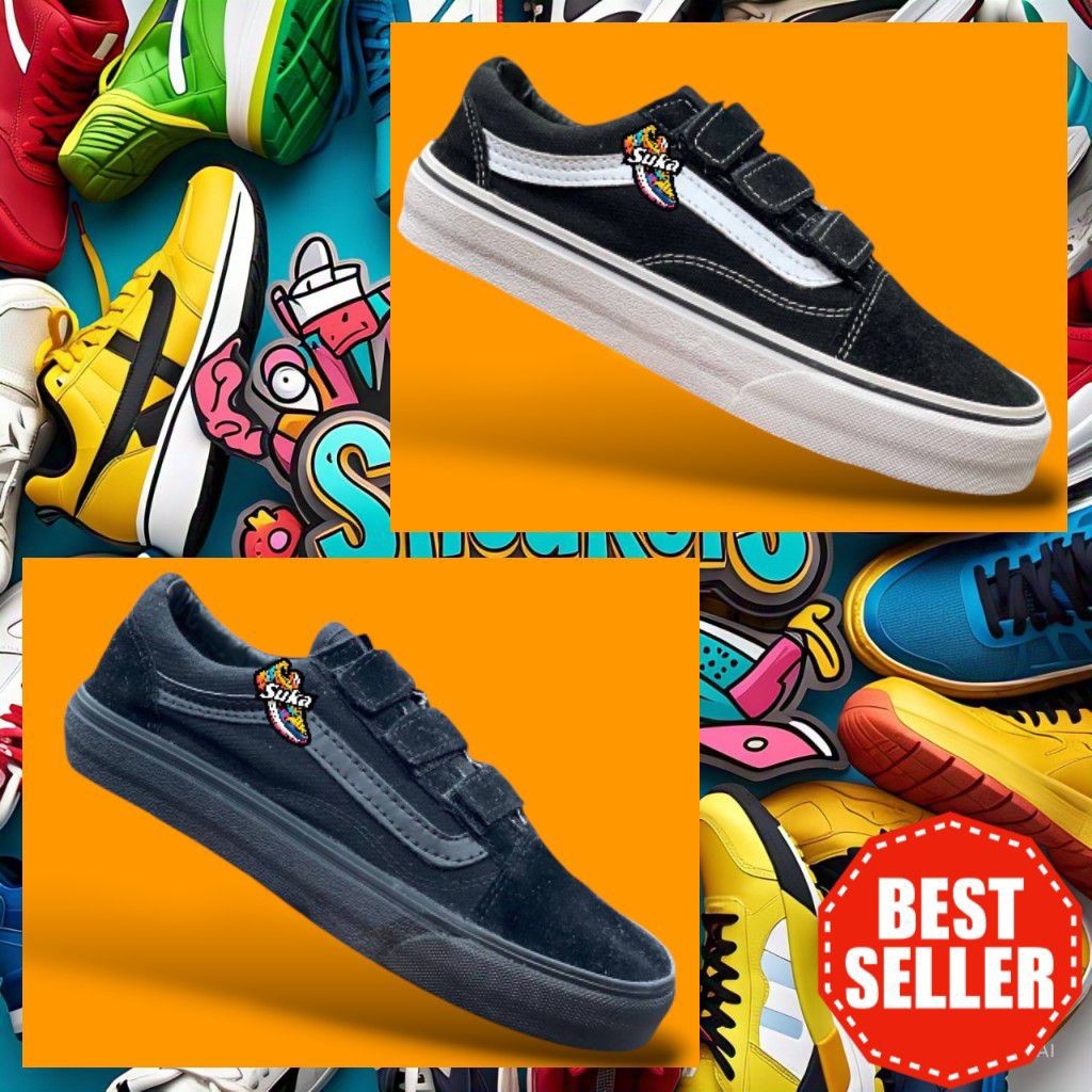 XD34ED Sepatu Sneakers Kasual Sekolah Hitam Polos Putih SMP SMA Tanpa Tali Pria Wanita Perekat Prepe