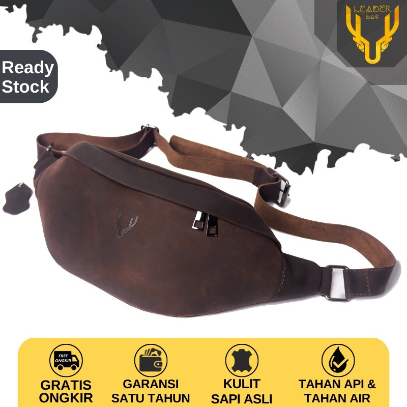 Tas Selempang Pria Kulit Sapi Asli Merk Leaderbag Waterproof Terbaru Waistbag Tas Pinggang Cowok Bra