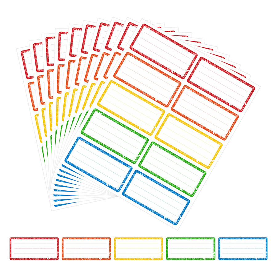 

100PCS Colorful Name Tag Stickers – Writable Self-Adhesive Labels in 5 Bright Colors for School, Office, Home, Storage.