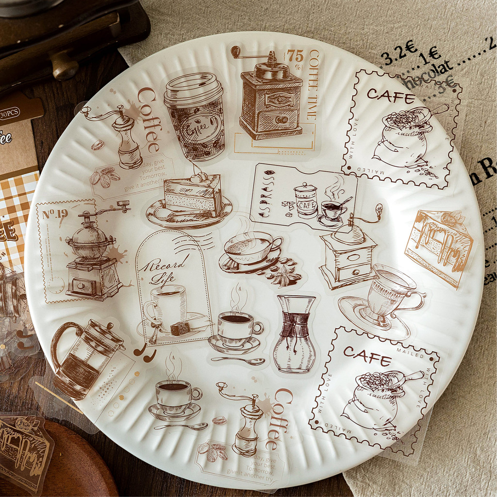 

6style 30pcs retro coffee themed PET material decorative sticker DIY handmade material scrapbook diary album decorative sticker