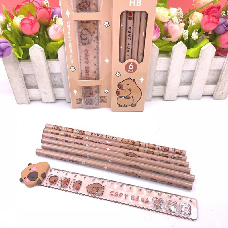 

1Set Capybara Cartoon Kawaii HB Wooden Lead Pencils With Ruler Cute Student Stationery Office Supplies Children's Day Gifts