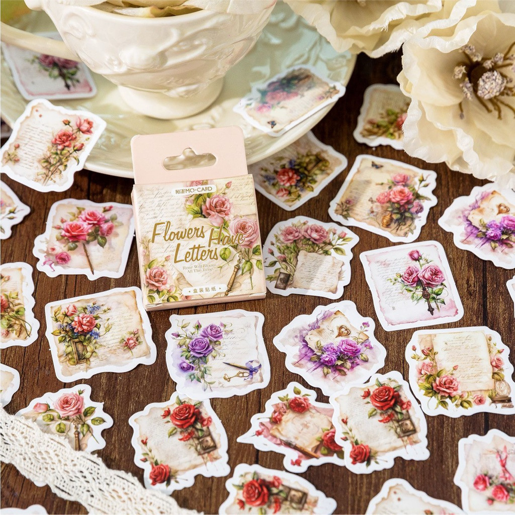 Journamm.id Stiker kotak retro Momo bunga memiliki huruf karakter Nordik stiker bunga buku pegangan 