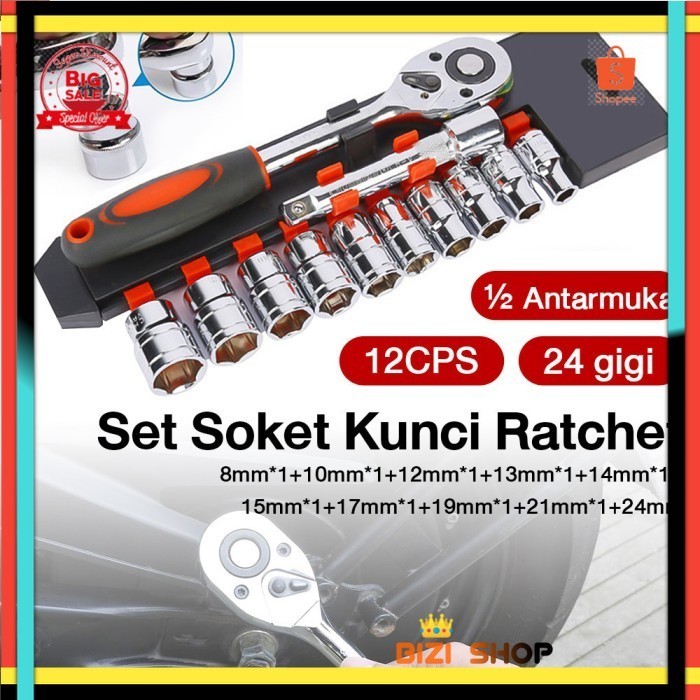 Kunci Socket Wrench SET Ratchet Kunci Pas 12 antarmuka kunci pas soket ratchet 24 gigi set 12 buah