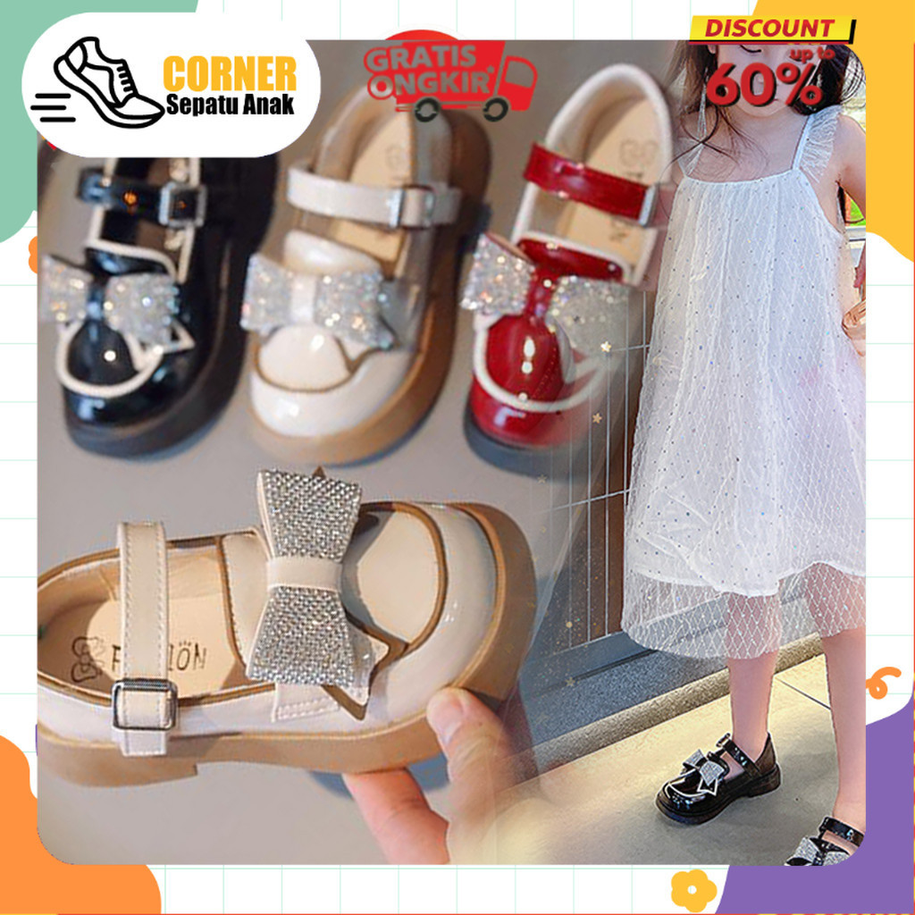 Sepatu Pantovel Pesta Anak Perempuan Pita Blink Glitter  Usia Sekolah SD SMP F2023-36