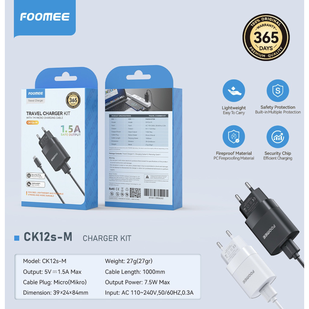 Foomee Travel Charger CK12S / CK12 1.5A Cable Micro GARANSI 1 TAHUN
