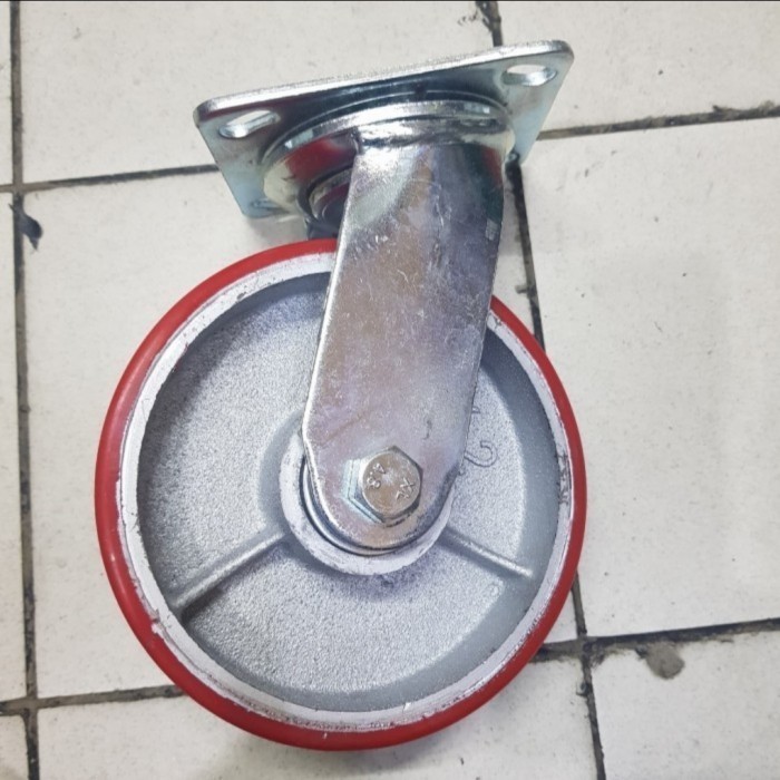 Roda Troli / Caster Wheel / Roda Pu Merah Heavy Duty 6 inch Hidup/Putar