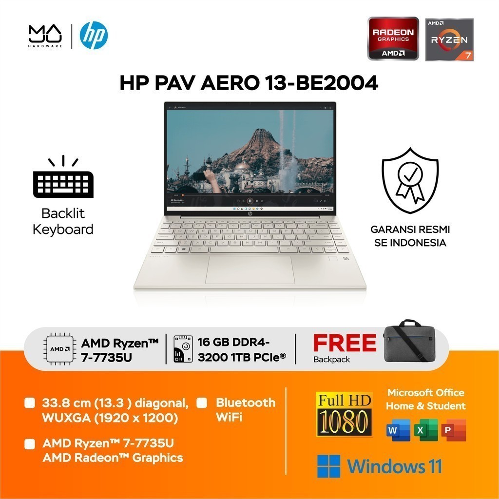 Laptop HP Pavilion Aero 13-BE2004AU/2005AU R7-7735U/16GB/1TB Gold Garansi Resmi