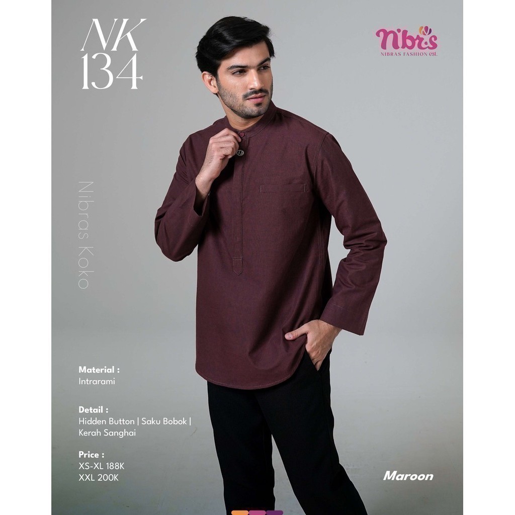 Nibras NK 134 Brown Maroon Bahan Intrarami Baju Koko Pria Lengan Panjang ORIGINAL READY STOCK