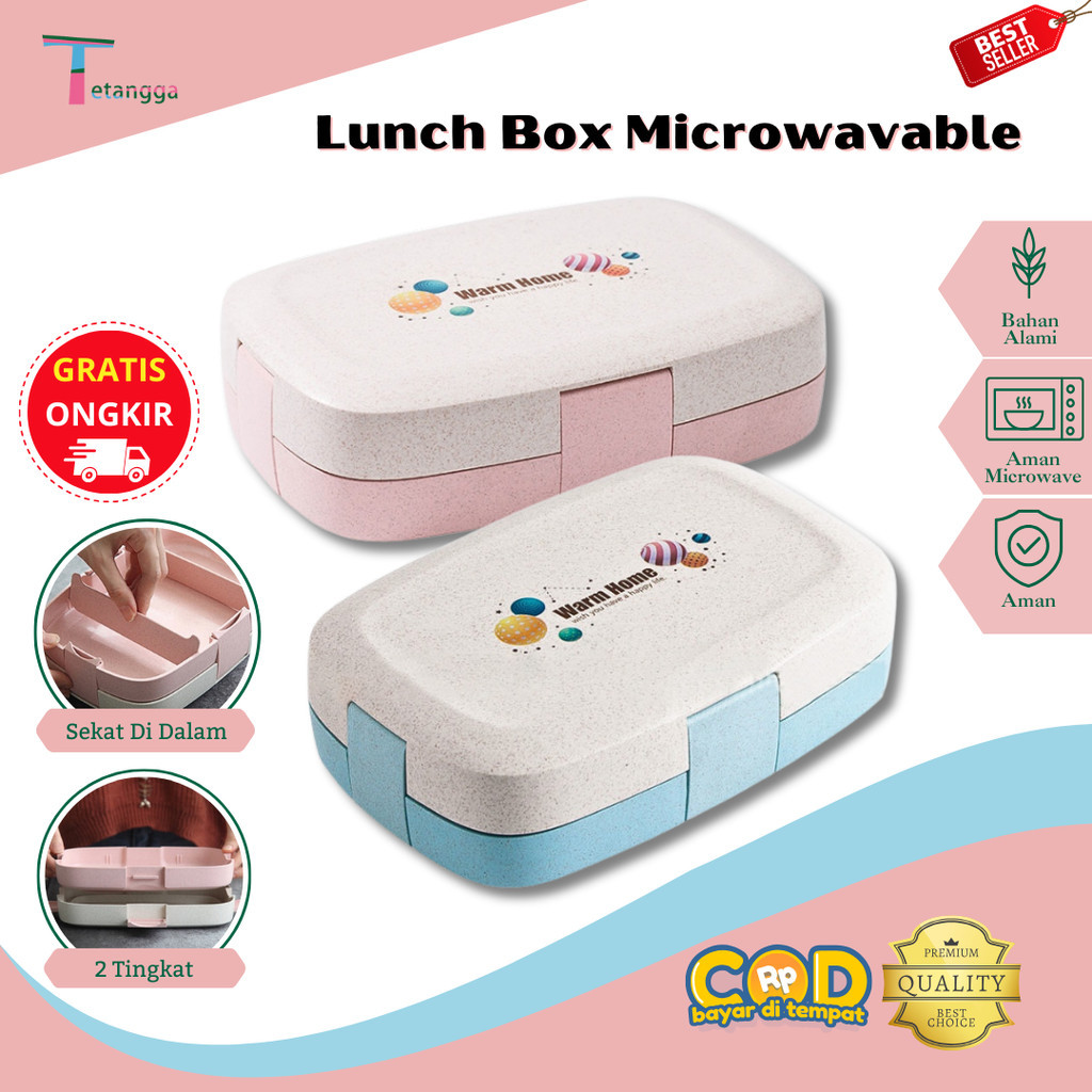 Jerami Gandum Kotak Makan Anti Tumpah Lunchbox Microwavable Anti Tumpah Sekat Free Sendok -Bpa Free
