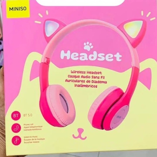 miniso wireless headset headphones ear cat shape telinga kucing - Merah Muda