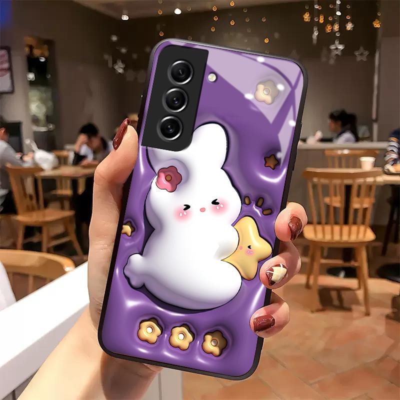 Case For Samsung S21 FE 5G S21 5G S21 Plus S21 Ultra Glass Kaca Slikon Back Cute Rabbit Hard Case Si