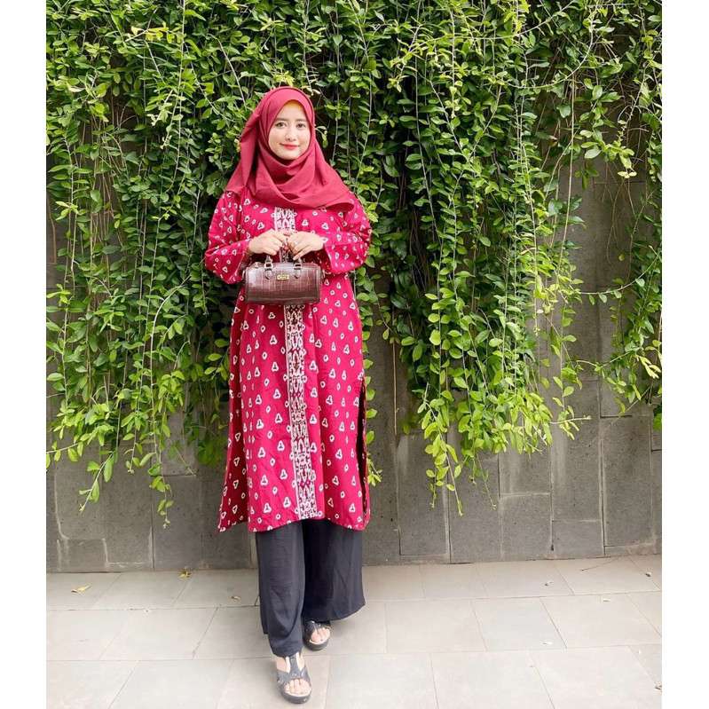 Zendaya Baju Batik wanita Tunik Kertanegara Marun cinde batik cap garutan kancing full belahan sampi