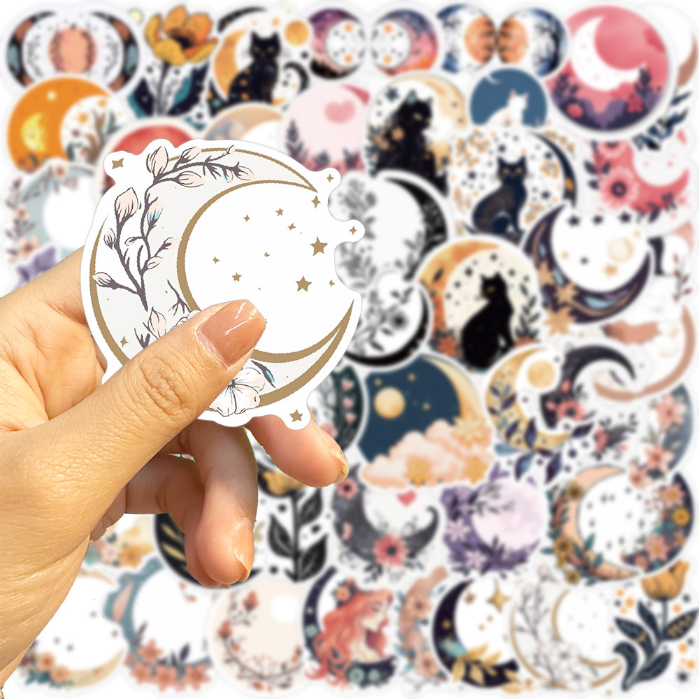 

50PCS Cartoon Moon With Flower And Cat Stickers for Kids Bedroom Luggage Decals Scrapbook Stationery Laptop Fridge