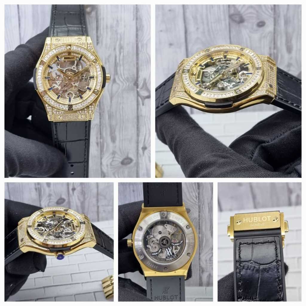 HOKKI HOKI JAM TANGAN JAM TANGAN PRIA HUBLOT BIG BANG CLASSIC FUSION GOLD SKELETON FULL DIAMOND AUTO