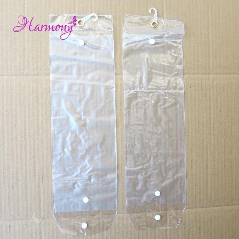 

50pcs/lot 14''-26inch plastic pvc bags for weaving hair extension transparent packaging bags with Button