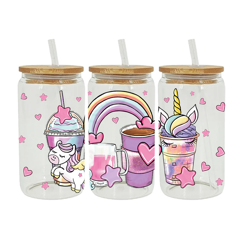 

UV DTF Transfer Sticker Unicorn Rainbow For The 16oz Libbey Glasses Wraps Bottles Cup Can DIY Waterproof Custom Decals D5359