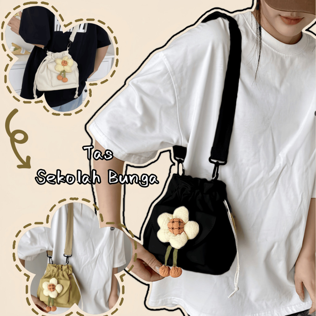 [Baru]Tas Serut/ Selempang Wanita Korean Flower Tali Serut Sling Tas/ Tas Selempang Wanita /Korean F