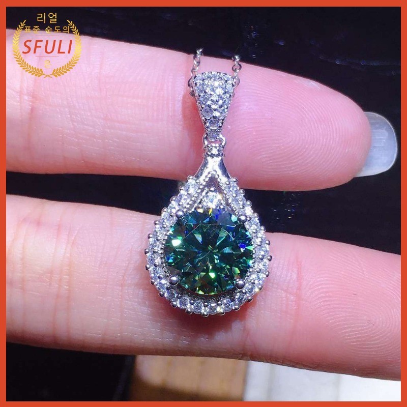 2 Karat Biru-hijau Mozzarella Berlian Indah Flash Kalung Berlian PT950