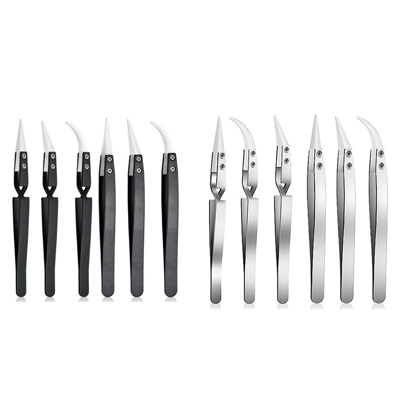 6 Piece Precision Reverse Ceramic Tweezers Set Resistant Electronics Soldering Tweezers Anti-Magneti