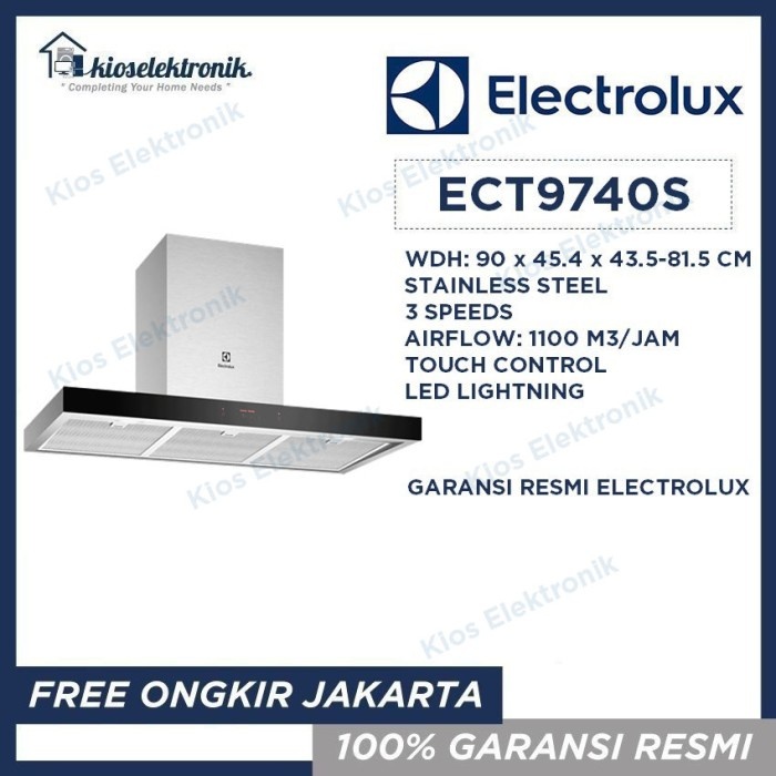 Electrolux ECT9740S Tudung Penghisap Asap Chimney 90cm SS430 + Black Glass