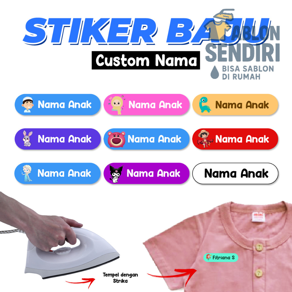

Sticker Baju Custom Nama - Stiker Kain Kaos Strika Waterproof Sablon Karakter Lucu Anak - 42pcs