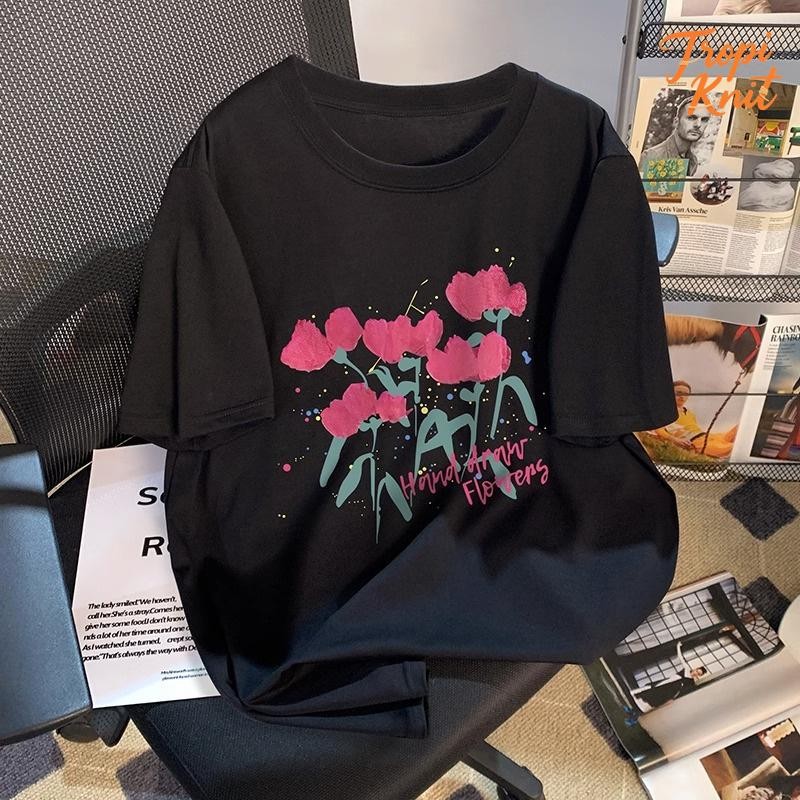 Unisex T-Shirt Wanita Hitam Lengan Pendek - Motif Bunga Mawar Abstrak  Katun Premium Sejuk 2025  Des