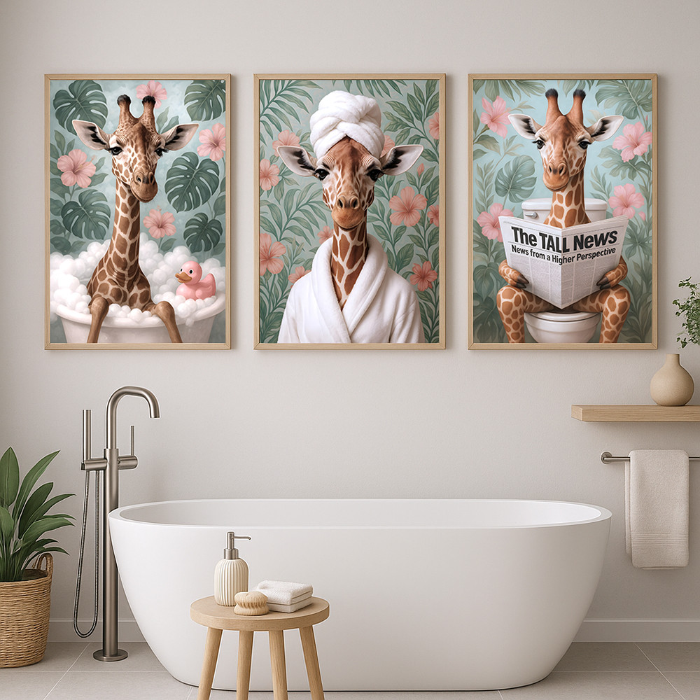 

Funny Giraffe Bathroom Wall Art Set of 3 Jungle Animal Prints with Tropical Leaves Cute Dopamine Decor for Kids or Adults