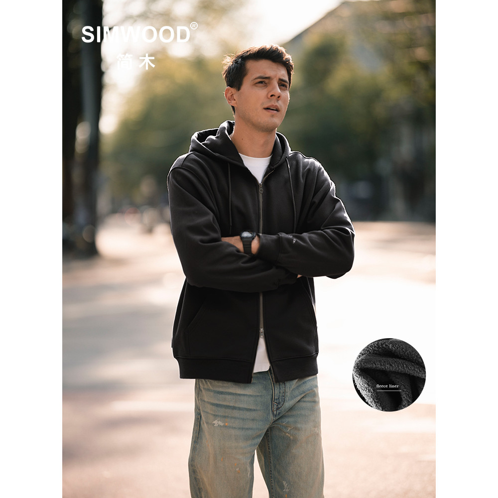 SIMWOOD 2025 Spring Winter New Oversize Full Zip 460gsm Pique Fleece Lined Fabric Hooe Men Warm Heav