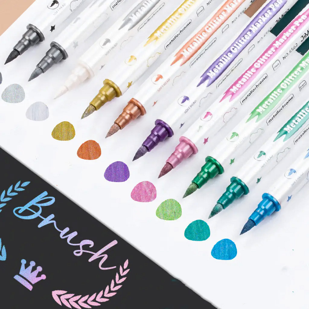 

10pcs Metallic Glitter Dual Tip Marker Pens, with Brush And Fine nibs, For Album DIY, Black Cards, Scrapbooking, Craft Supplies