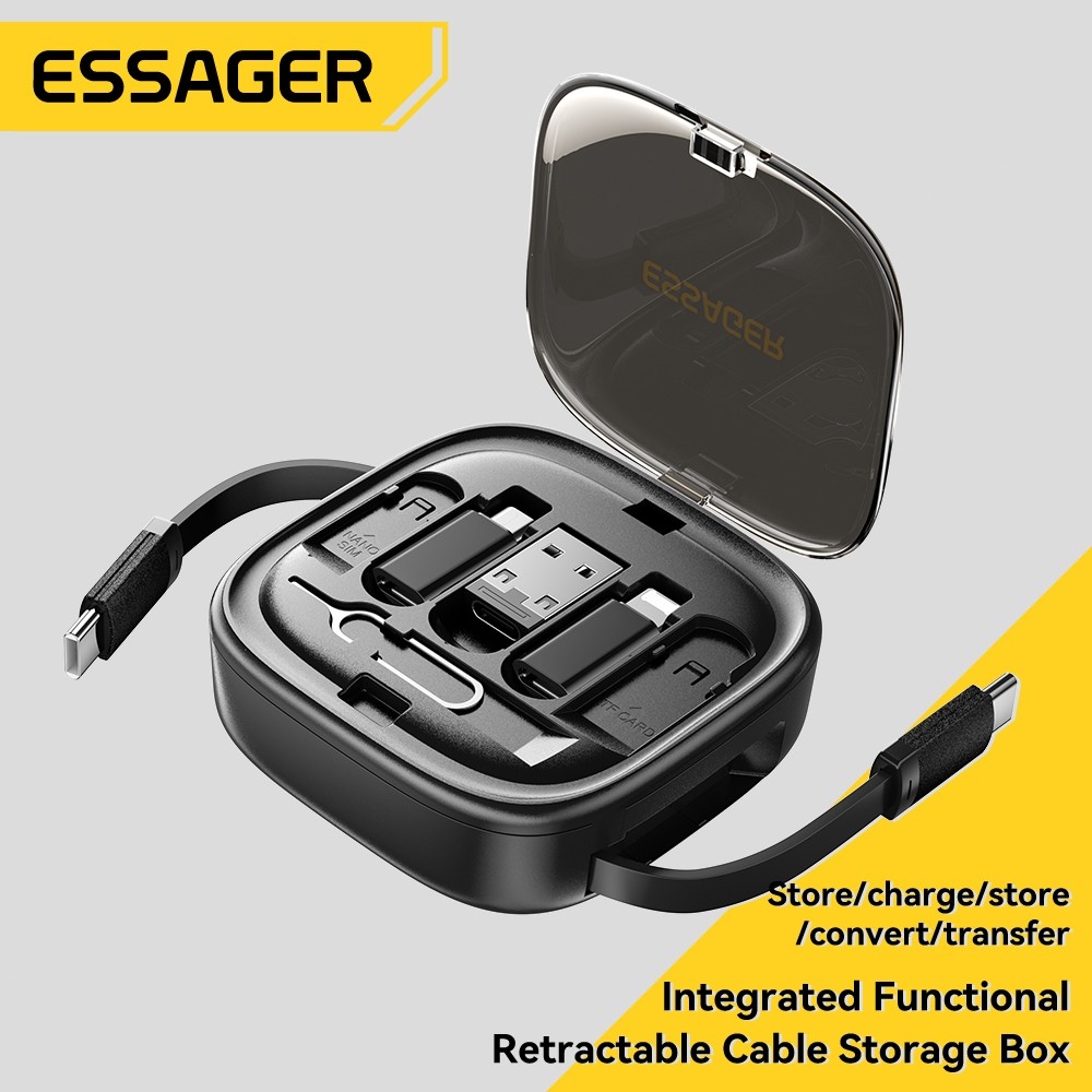 

ESSAGER Usb C To Tpye C Cable PD 60W To Micro Lightning Fast Charging Travel Multi Functional Cord With Holder Storage Box Charger Terlaris