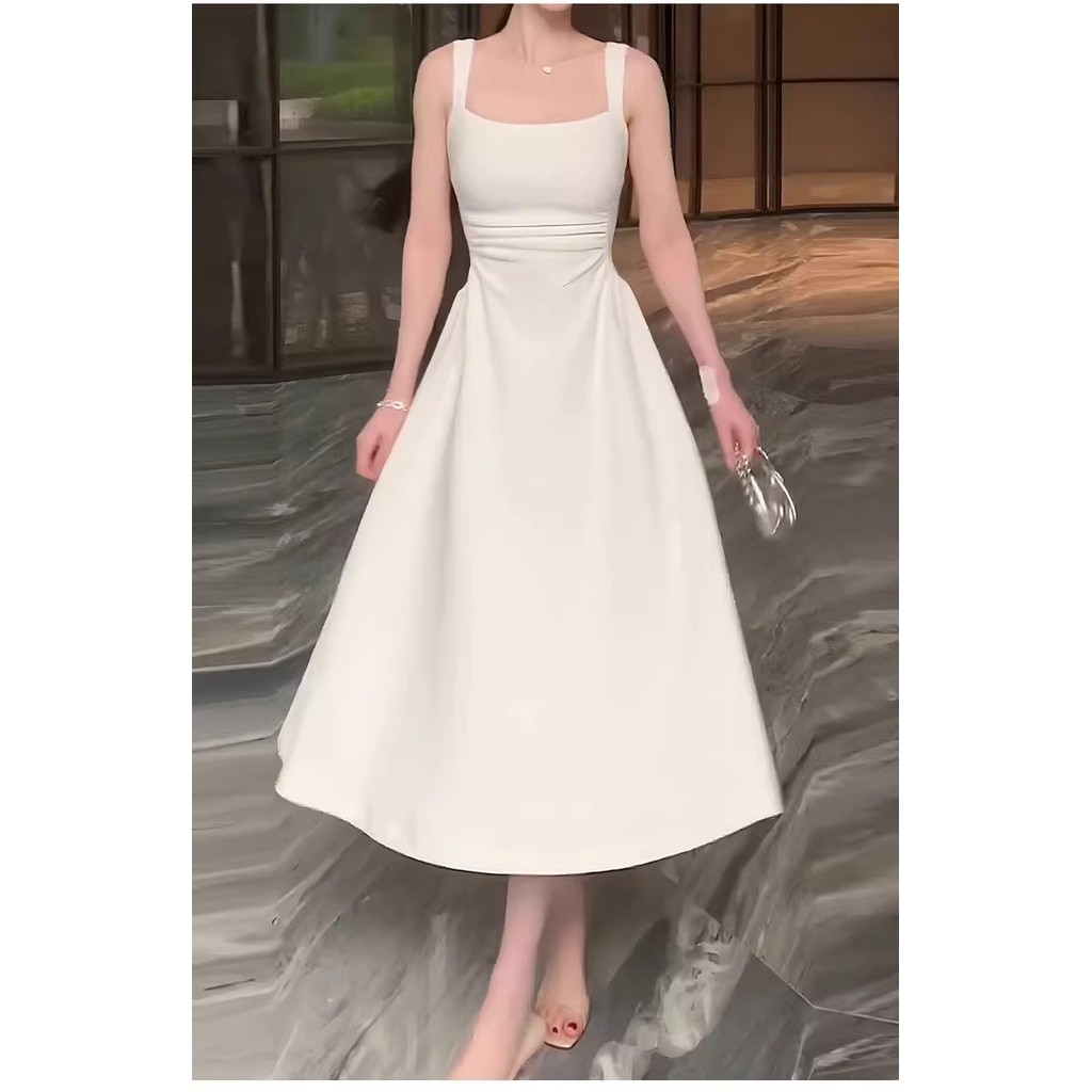 DISKON MEIRONG BAJU DRESS PUTIH PANTAI PANJANG KOREA STYLE WHITE DRESS SANTAI TANPA LENGAN WELL