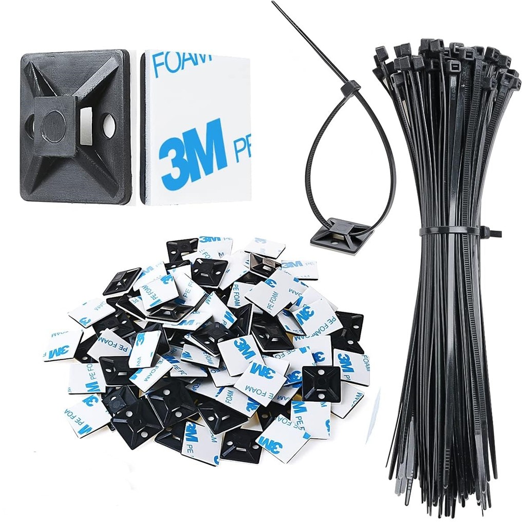 

200pcs Self-Locked Nylon Cable Tie + Nylon Square Plastic 3M Self Adhesive Wire Zip Fixed Seat Holder Cable Tie Mount Base