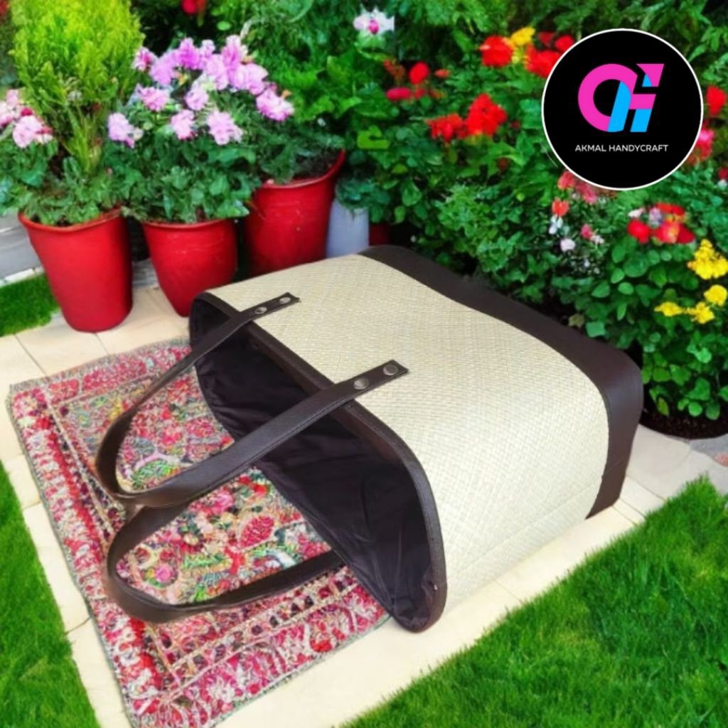 Akmal Handycraft Tas Belanja Unik Jumbo Anyaman Pandan & Kulit Sintesis Hitam Coklat Gold Ukuran Jum