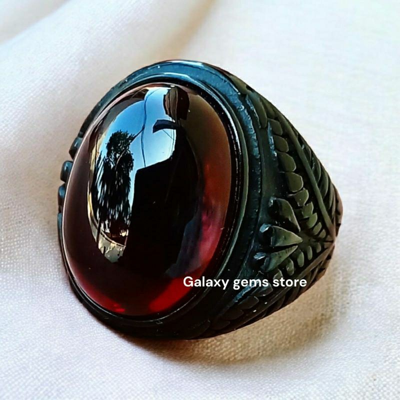 MER.SHOP Cincin Batu Kecubung Api Hitam Merah Titanium
