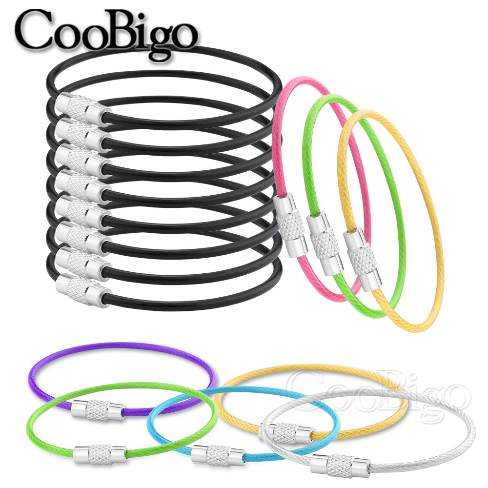 

10pcs Stainless Steel Keychain Rope EDC Wire Cable Loop Screw Lock Luggage Tag Key Holder Keyring Gadget Ring DIY Accessories
