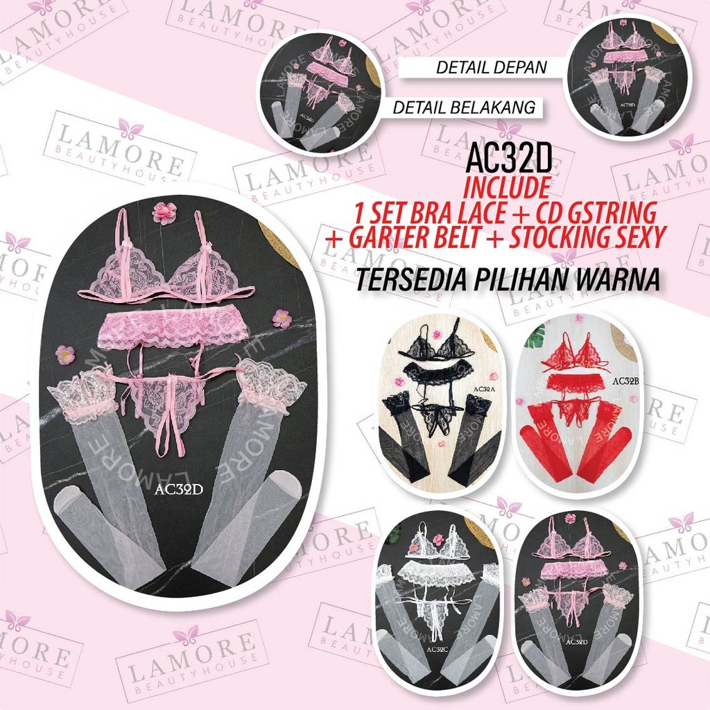 Garter Belt + Bra Set Cd G String + Stocking Lace Soft Pink Ac32D