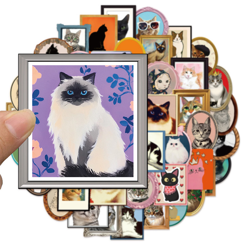 

50PCS Frame Cute Cat Graffiti Stickers Funny Cartoon Cat Sticker Aesthetic Decorative Scrapbooking Notebook Kids Decals Toys