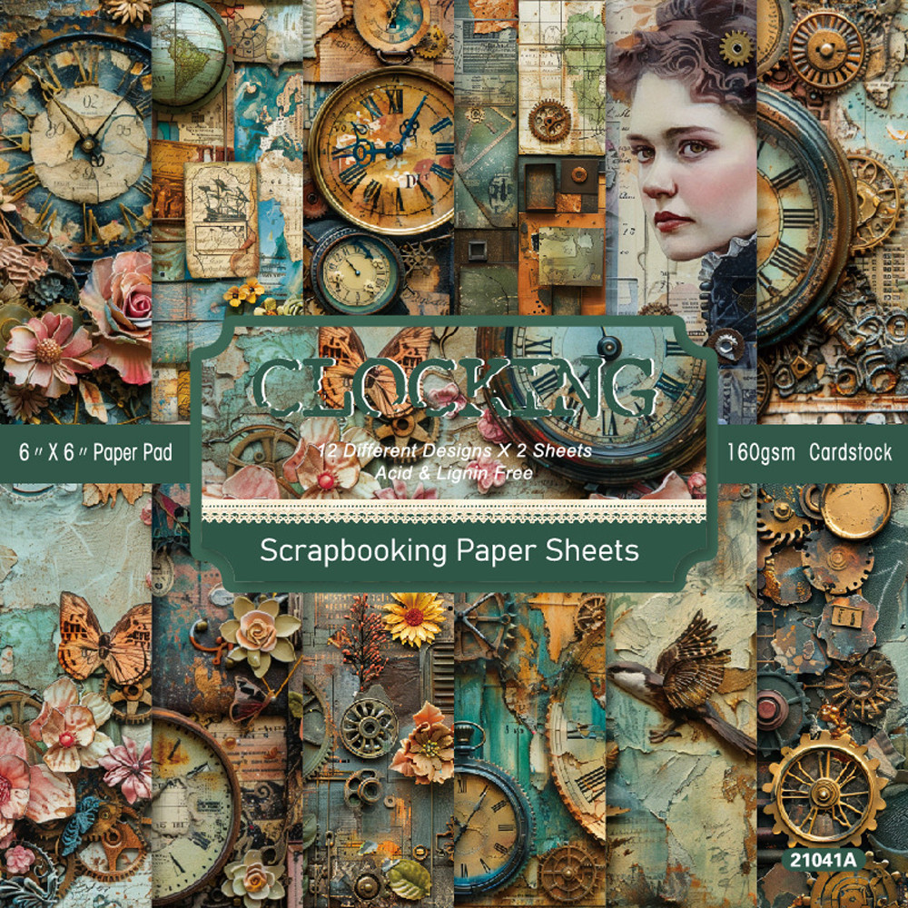 

KLJUYP 24 sheets 6"X6" Clocking Paper Scrapbook paper Scrapbooking patterned paper pack DIY craft Background paper