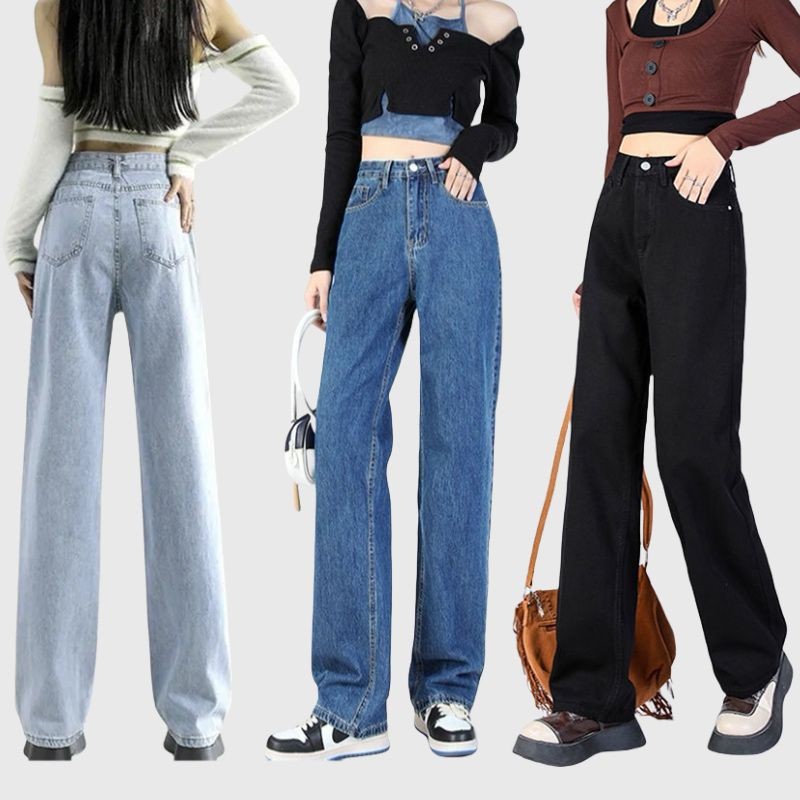 S~5XL  Celana Jeans Pinggang Tinggi Retro Wanita Gaya Korea Celana Jeans Lurus Longgar Kasual