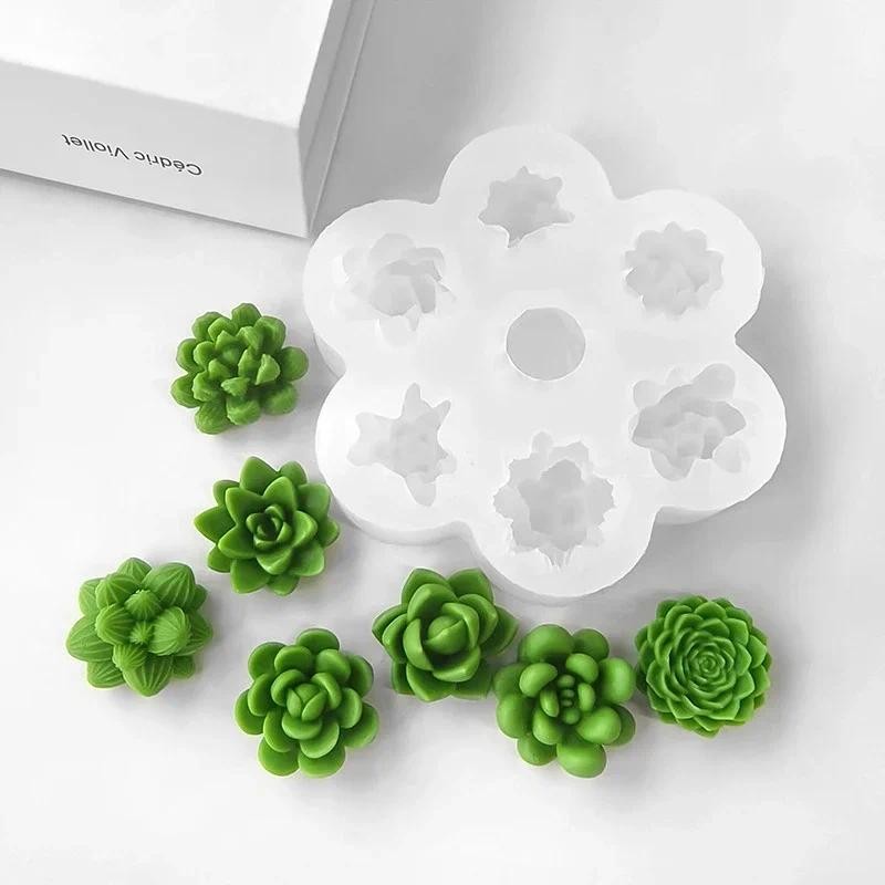 

7pcs Succulent Flowers Candle Mold 3D Cactus Lotus Rose Soap Plaster Crafts Mold DIY Chocolate Fudge Pastry Cake Silicone Molds