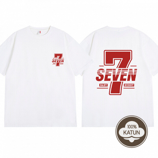 Kaos Unisex Motif Angka 7 & Teks, Bahan Katun, Putih & Hitam