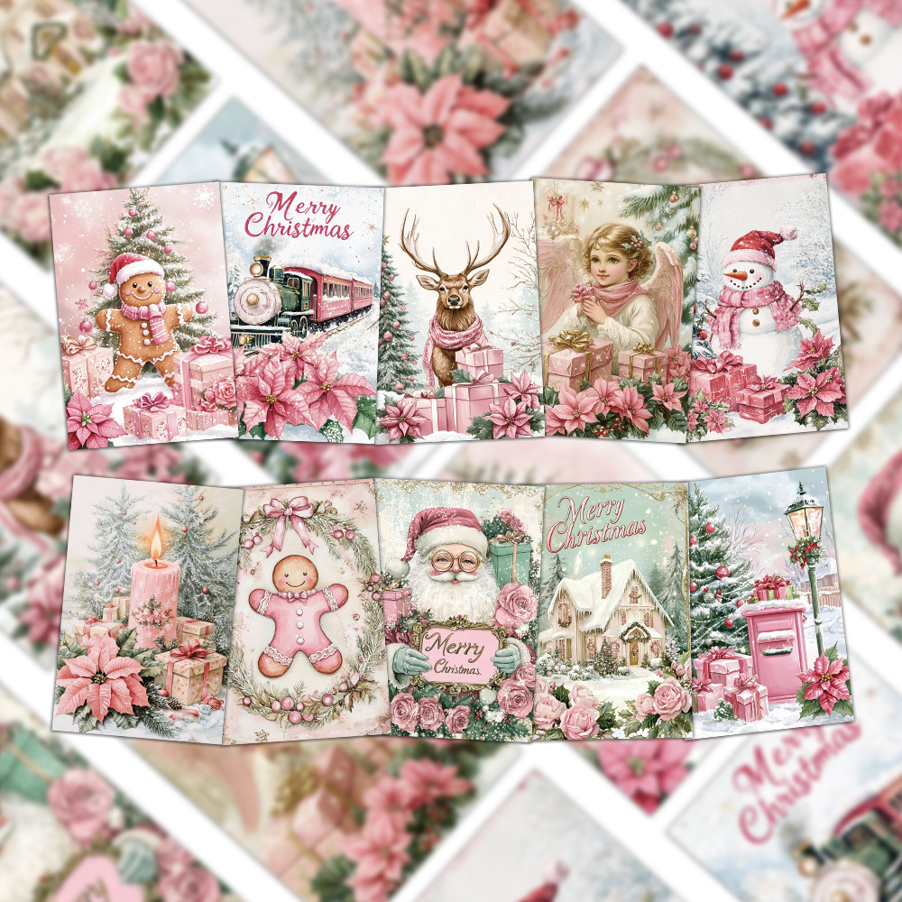 

10PCS Retro Pink Christmas Cards Winter Festival Elk Retro Wall Stickers Posters Postcards Room Wall Decorations