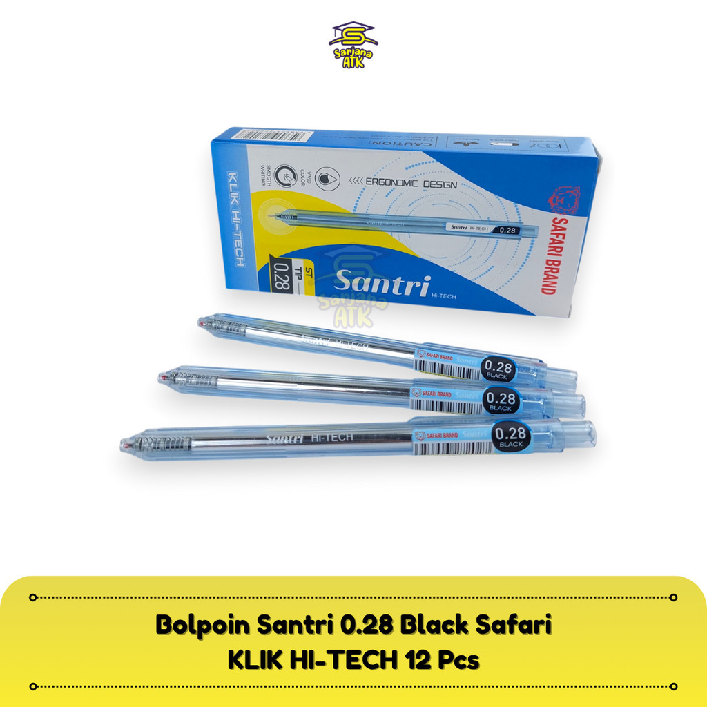 

(12 pcs) Bolpoin / Pen / Pulpen Santri Klik Hi-Tech Safari Brand 0.28 mm Black