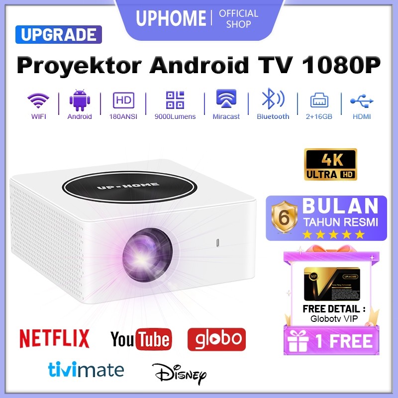 【NEW UPGRADE】UPHOME Proyektor Android TV 1080P HDMI 9000 Lumen Smart Projector Android 13.0 Ram 2G R