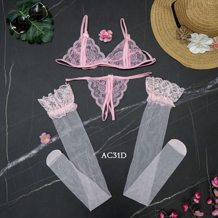 Underwear Wanita Bra Cd G String + Stocking Sexy Lace Pink AC31D